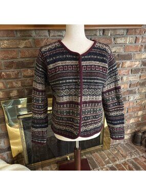 Vintage SKYR Burgundy Fair Isle Cardigan Size Medium 100% Wool